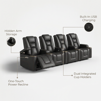 35.3" Wide Modern Faux Leather Power Home Theater Individual Seat with USB & Dual Cup Holders&Arm Storage — infographic
